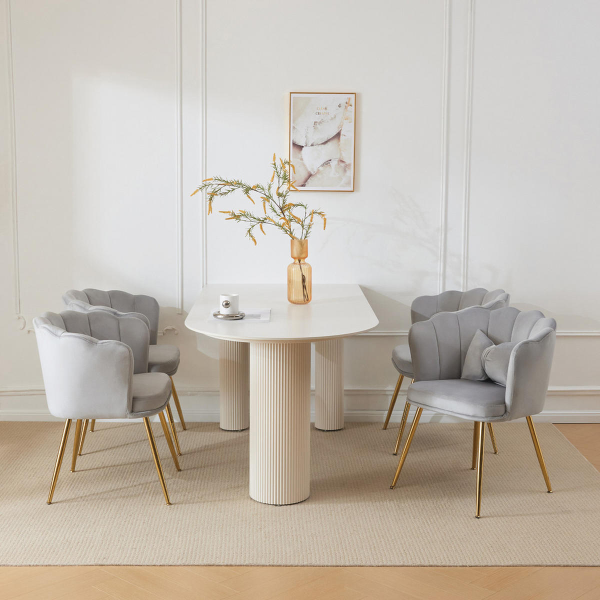 STUHL SET 4-TEILIG Samt Polster Blütenblatt-Rücken Goldfüße & Kissen Grau - Grau, Holz (62/43/54cm) - FLIEKS