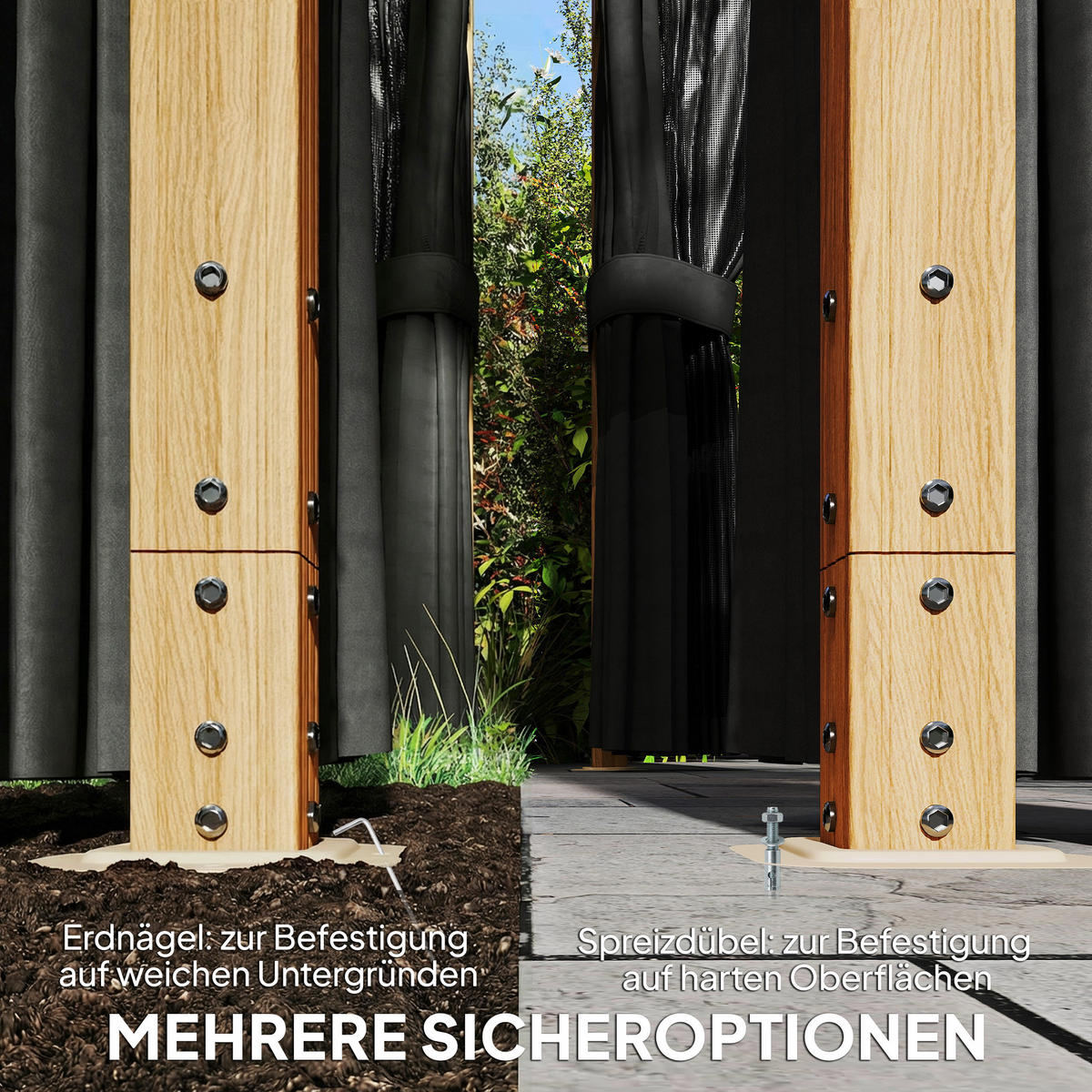 GARTENPAVILLON Aluminium Polyester Naturholz - Naturfarben, Textil/Metall (298/262/398cm) - Outsunny