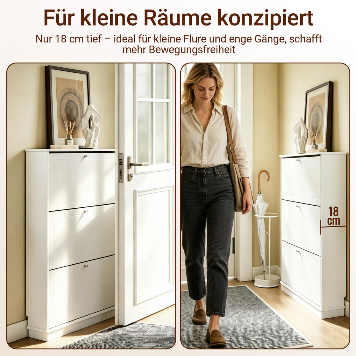 SCHUHSCHRANK schmal mit 3 Klappen, Weiß 76x18x113cm - Weiß, Holzwerkstoff (18/113/76cm) - SoBuy