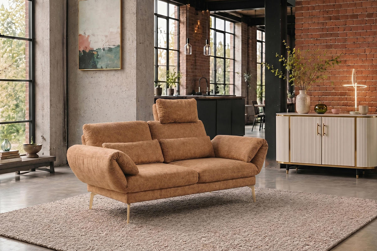 SOFA HOLLY Braun Flachgewebe - Dunkelbraun/Braun, Textil/Metall (176/90/92cm) - KAWOLA