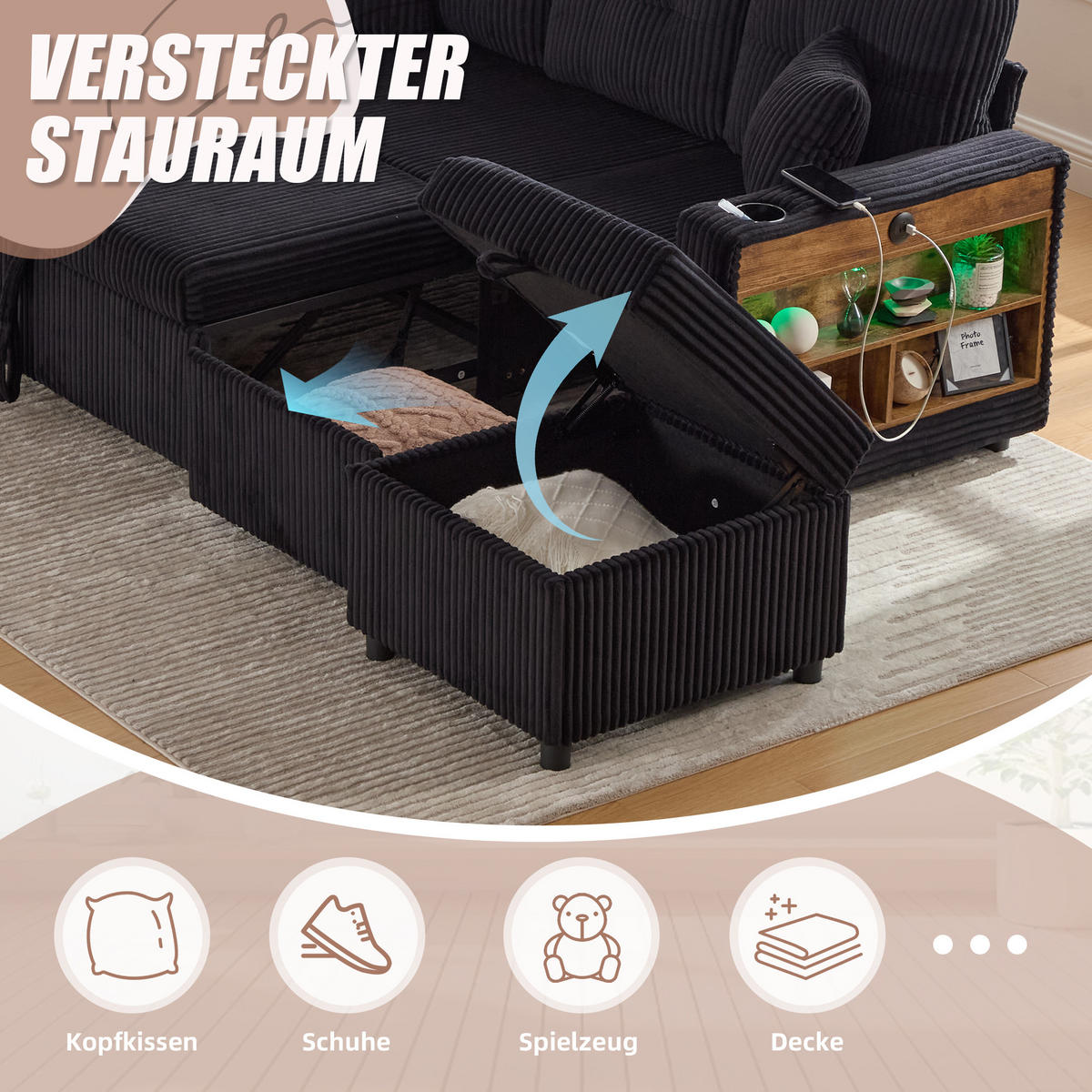 ECKSCHLAFSOFA 196/144/85 cm Schwarz mit Stauraum, USB-C, Ambientebeleuchtung und Getränkehaltern - Schwarz, Textil (196/82cm) - Oxeza
