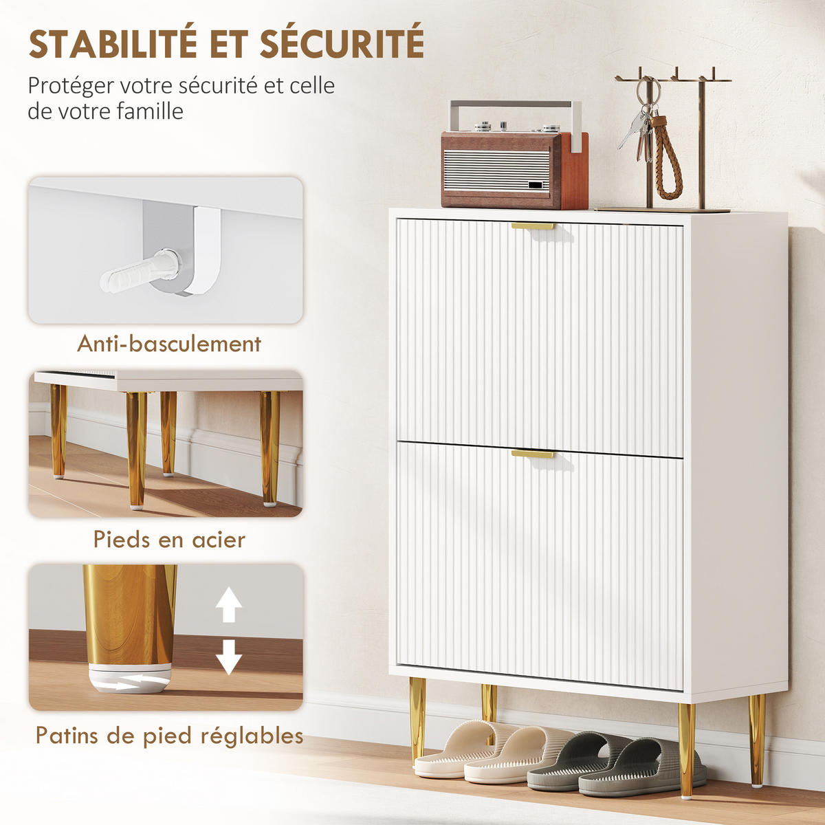 SCHUHSCHRANK DE-15041 2 Klapptüren mit Rillenfront & verstellbaren Böden Weiß - Weiß, Holzwerkstoff (60/91.5/24cm) - ComfortXL