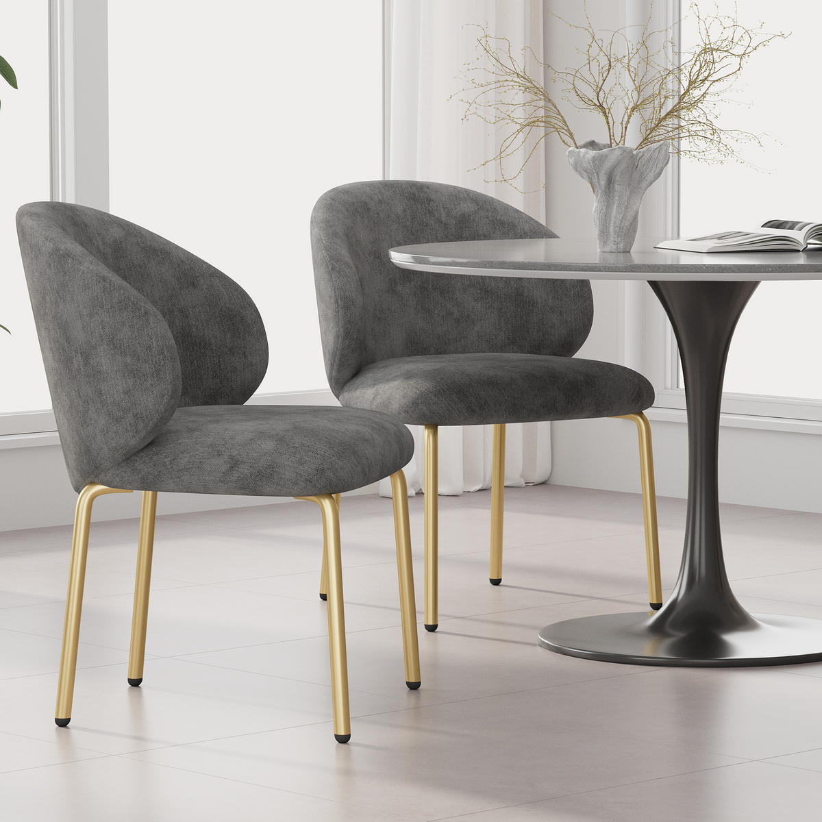 STUHL, Esszimmerstuhl, Chenille, Goldbeine, Grau - Grau, Textil (47.5/74/56cm) - FLIEKS