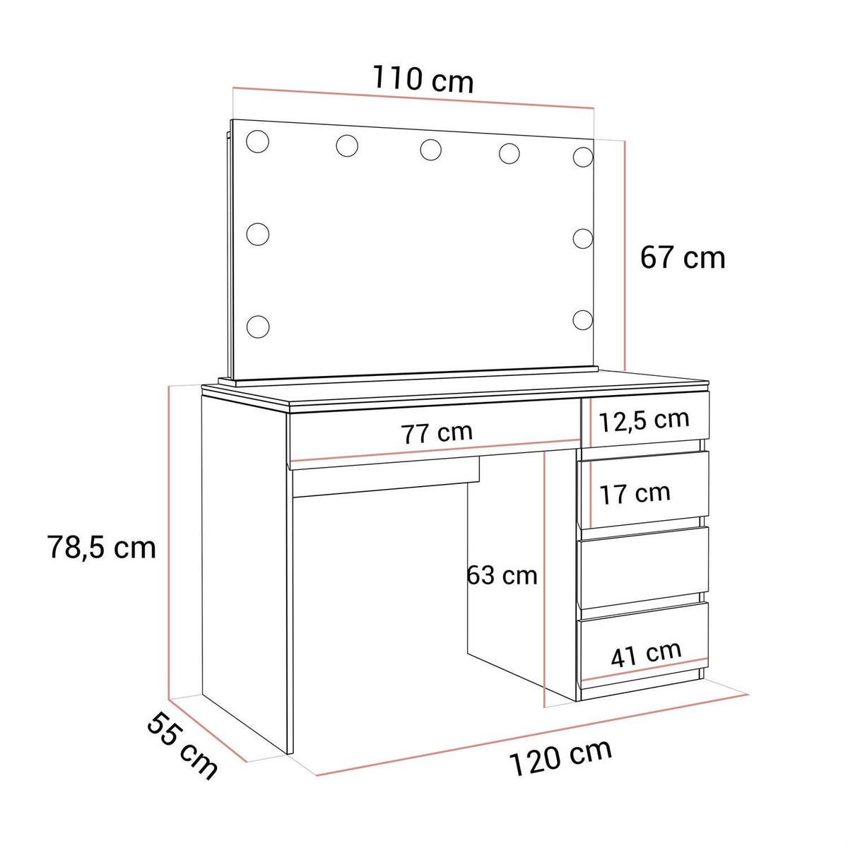 SCHMINKTISCH AURORA II ELITE Weiß hochglanz mit Spiegel und Beleuchtung - Weiß Hochglanz, Holzwerkstoff (120/145/55cm) - Lookway
