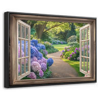 LEINWAND Bilder mit Rahmen - Aussicht - Garten - Fenster - Hortensie - Blumen - 30x20 - Pastellblau, Textil (30/20cm) - MuchoWow