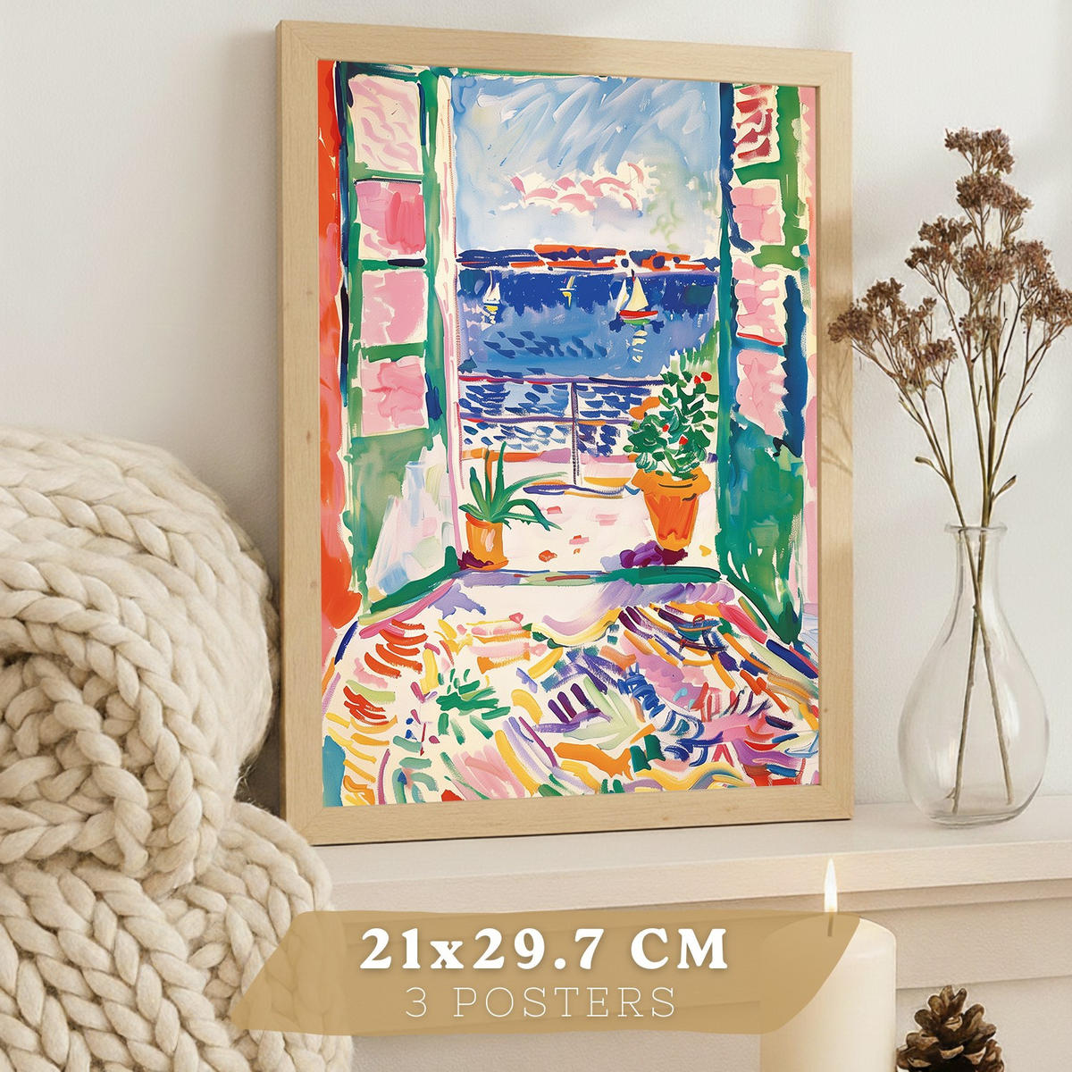 POSTER 3er Bilder-Set Wandbilder Maritim Blau modern Wohnzimmer Deko, Schlafzimmer, Küche, Badezimmer Leichter Holzrahmen A3 - Beige, Papier (29.7/1/42cm) - Nacnic