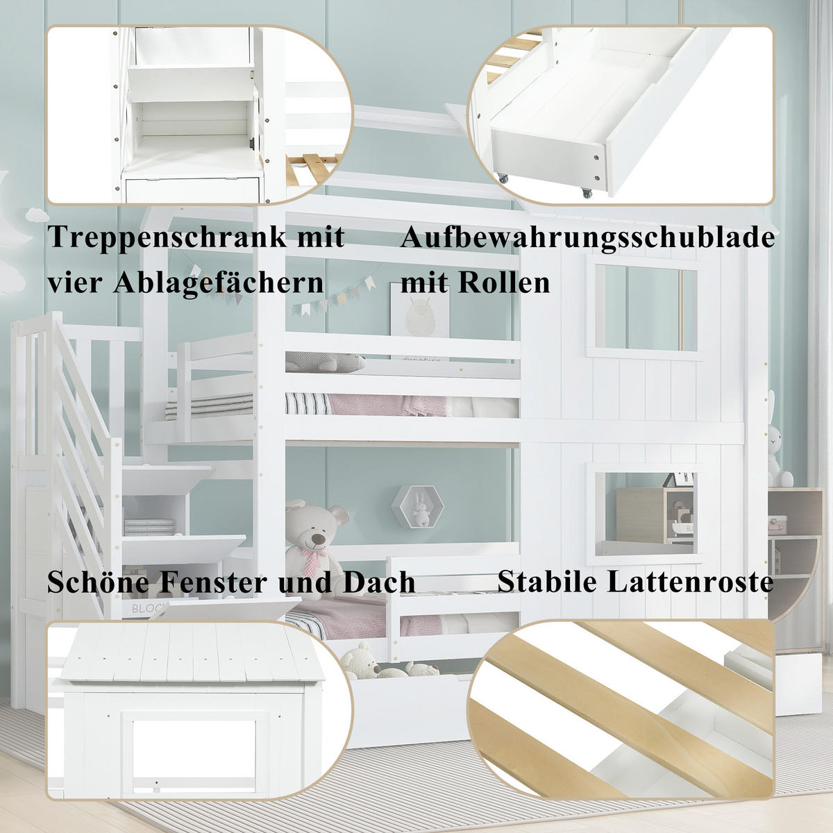 ETAGENBETT aus Kiefer und MDF 90x200 cm Weiß mit Treppenschrank, Rollschublade, Dach und Fenstern - Weiß, Holzwerkstoff (90/200cm) - Modfu
