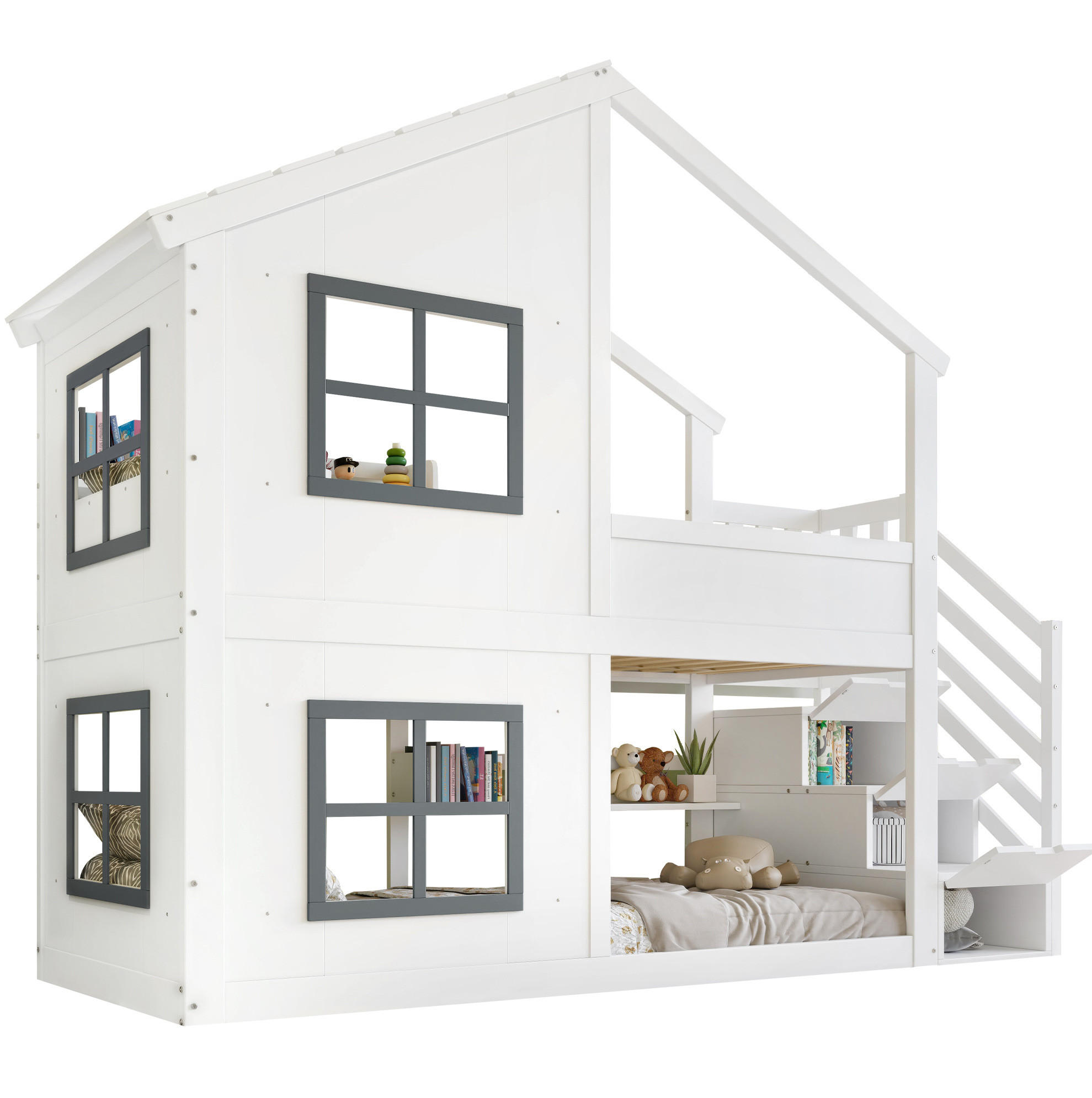 ETAGENBETT 90/200 cm mit Treppenregal, Fenstern und Dach, Kiefer/MDF, Weiß/Grau - Weiß, Holz (90/200cm) - Redom