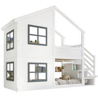 ETAGENBETT 90/200 cm mit Treppenregal, Fenstern und Dach, Kiefer/MDF, Weiß/Grau - Weiß, Holz (90/200cm) - Redom
