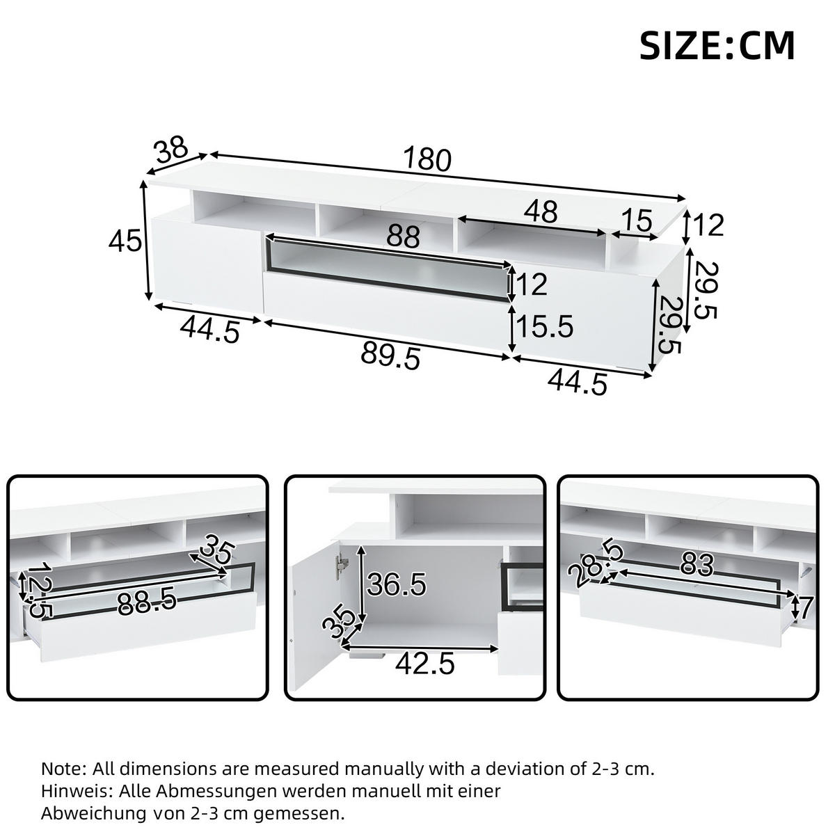 TV-SCHRANK 180/38/45 cm weiß Hochglanz mit 2 Schränken, 1 Schublade und LED-Beleuchtung - Weiß, Holzwerkstoff (180/45/38cm) - OKWISH