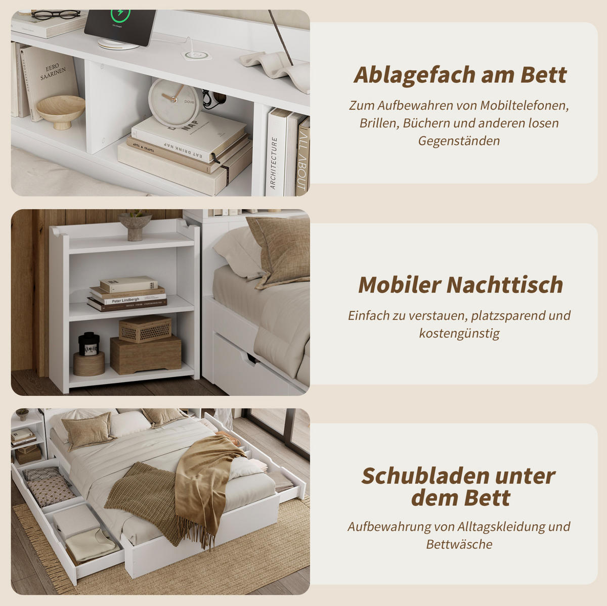 HOLZBETT 140/200 cm mit 4 Schubladen, ausziehbarem Nachttisch und Ladefunktion aus MDF, Weiß - Weiß, Holzwerkstoff (140/200cm) - Redom