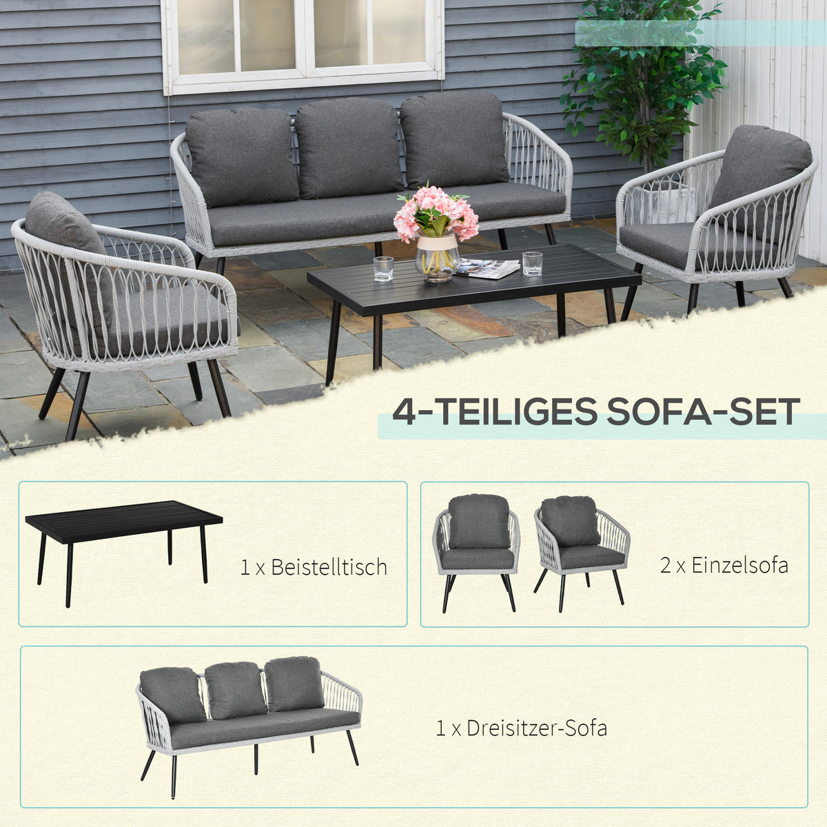 POLYRATTAN Gartenmöbel Set mit Sofa Kissen Aluminium Grau - Grau, Kunststoff - Outsunny