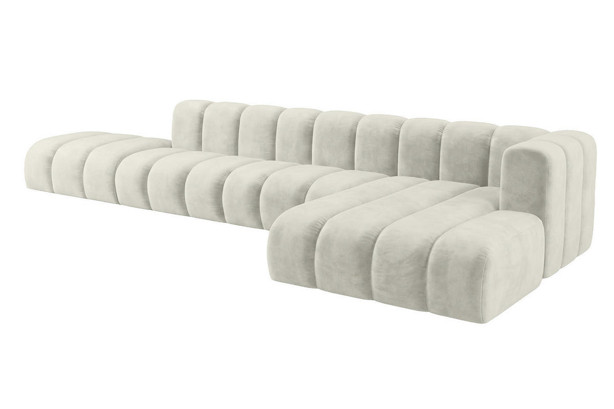 ECKSOFA Modulares In L-Form Mit Hocker, Velvet-Stoff Riviera, Ecru, Rechts, GRAND - Creme, Holz (386/179cm) - Kaiser Möbel