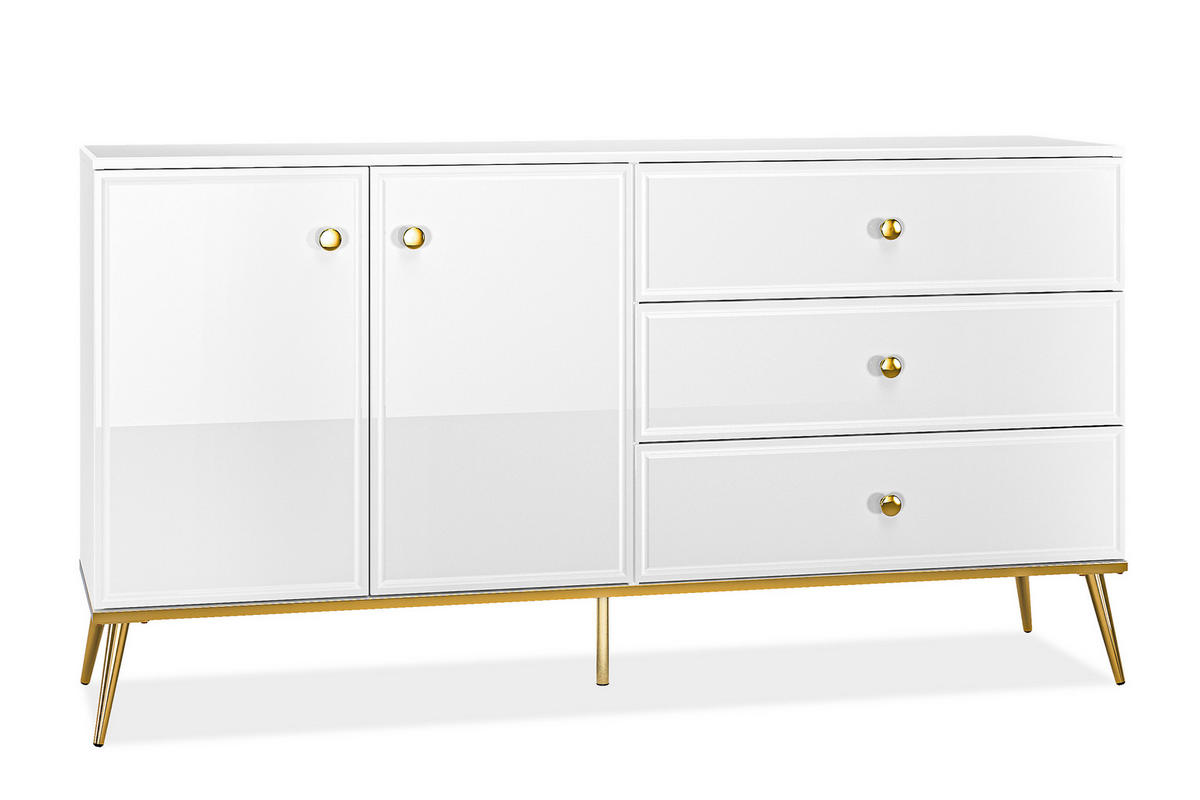 KOMMODE ISORIA viel Stauraum, Glas Weiß - Goldfarben/Weiß, Holz/Metall (160/85/40cm) - KONSIMO®