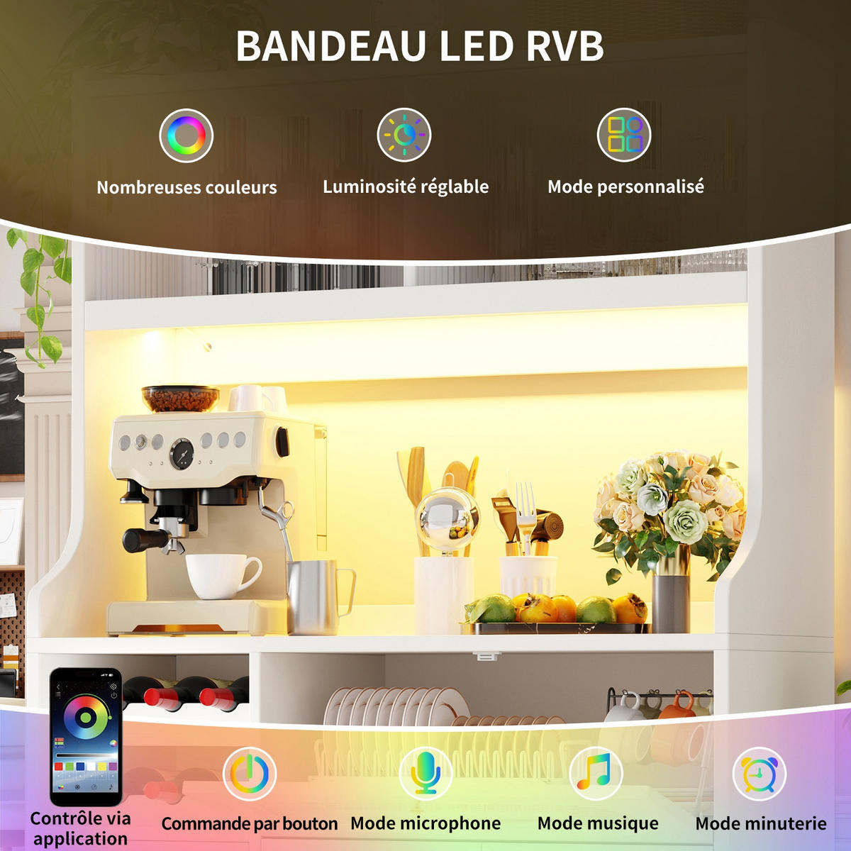 KÜCHENSCHRANK120/180/40 cm, MDF, Weiß, MIT RGB-LED BELEUCHTUNG, Glasschiebetüren und Weinregal, für Küche und Esszimmer - Weiß, Holzwerkstoff (40/180/120cm) - Rolipo