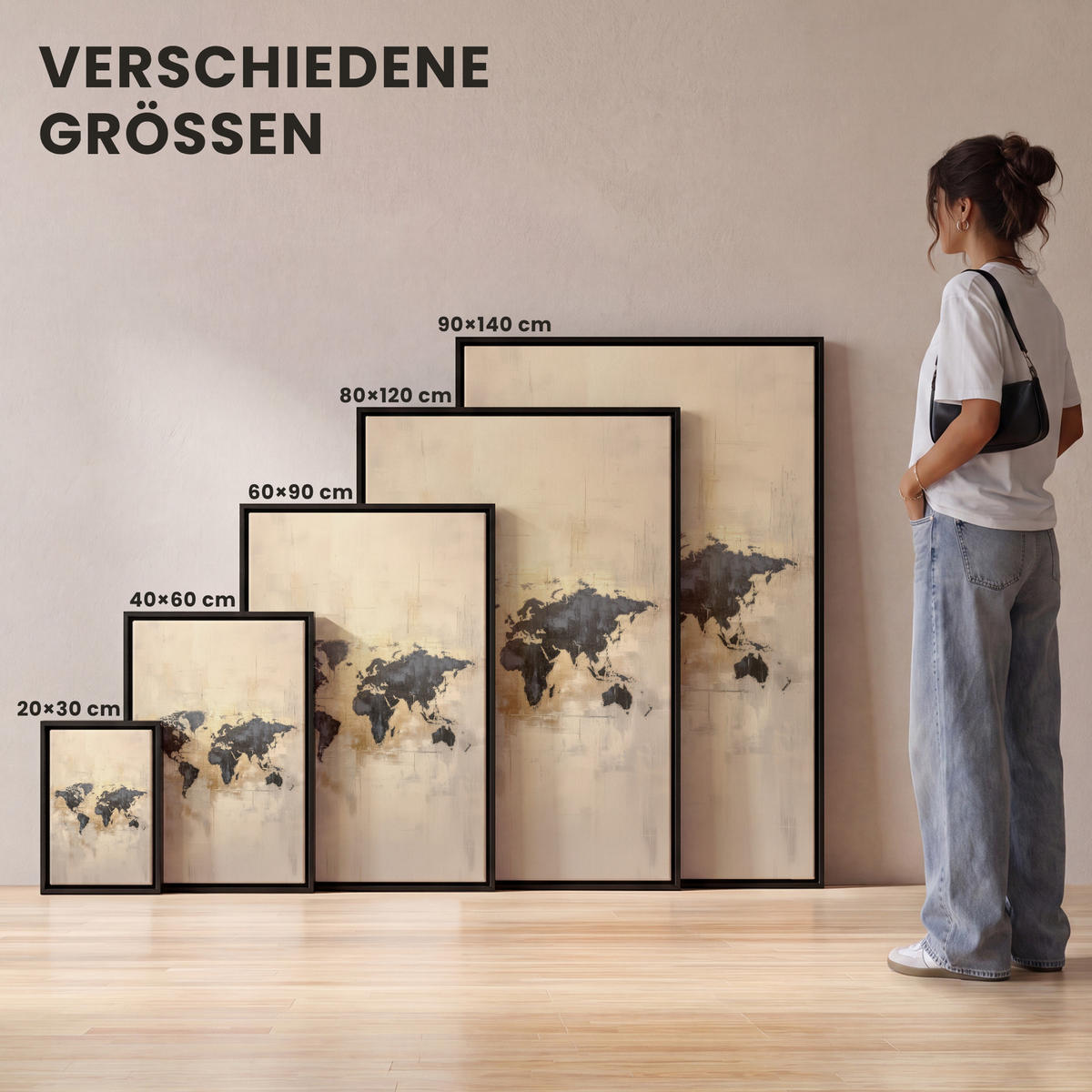 LEINWAND Bilder mit Rahmen - Weltkarte - Gold - Schwarz - Abstrakt - 100x150 - Kupferfarben, Textil (100/150cm) - MuchoWow