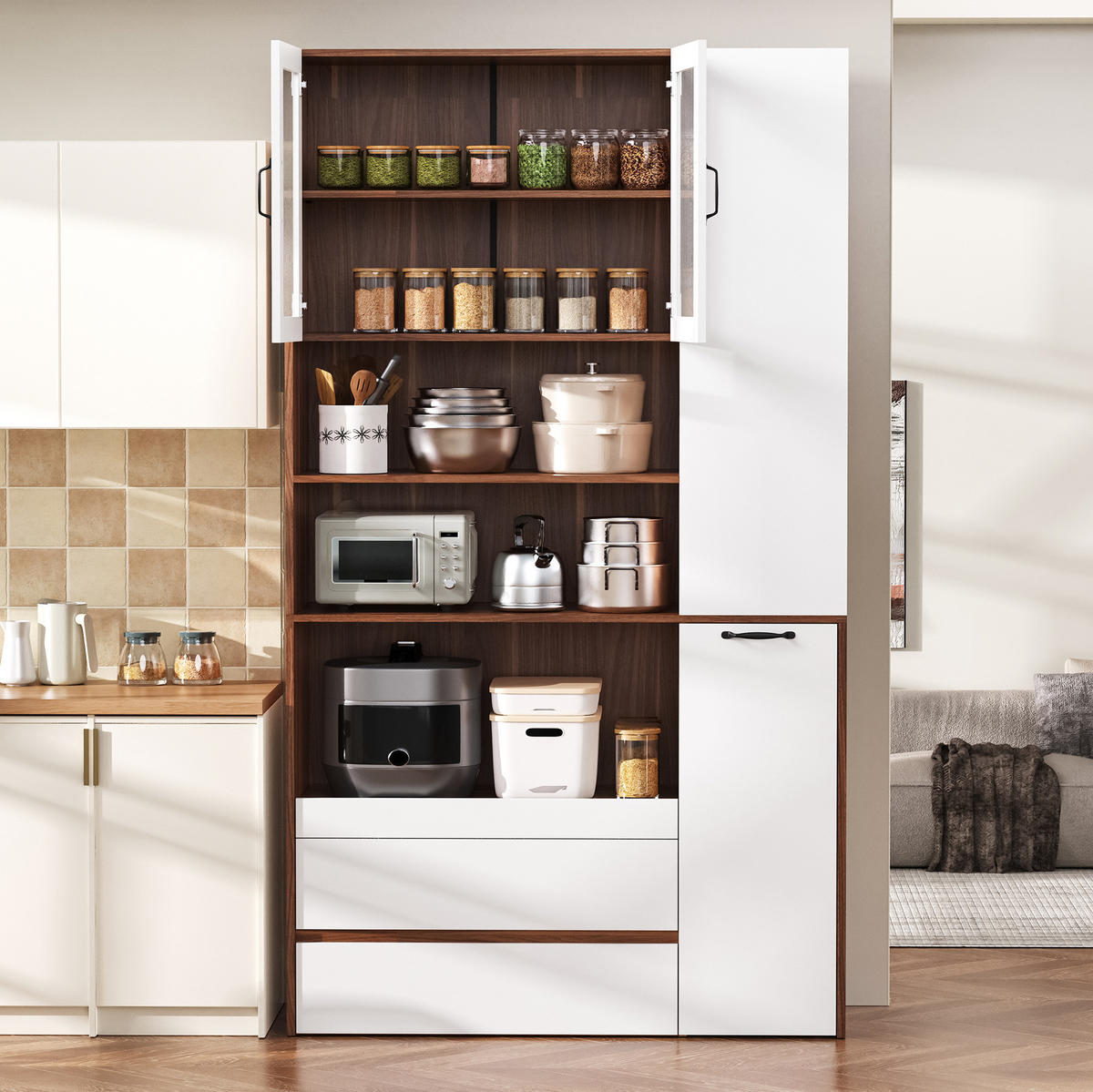 HIGHBOARD 100/200/40 cm Weiß/Nussbaum aus MDF mit ausziehbarer Ablage - Weiß, Holzwerkstoff (40/200/100cm) - OKMYHOME