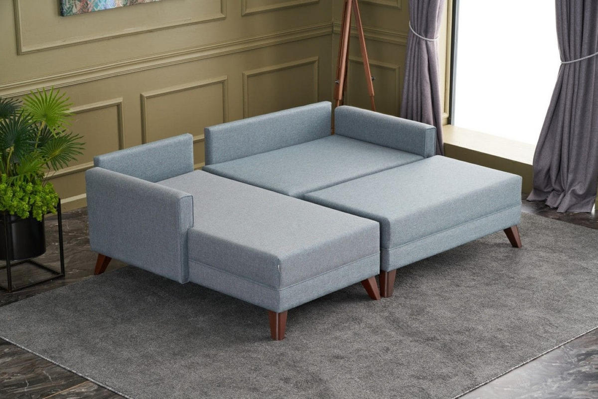 ECKSOFA mit Hocker als Schlaffläche, perfekt für kleine Räume - Blau/Walnussfarben, Holz/Kunststoff (205/140cm) - myHomelando