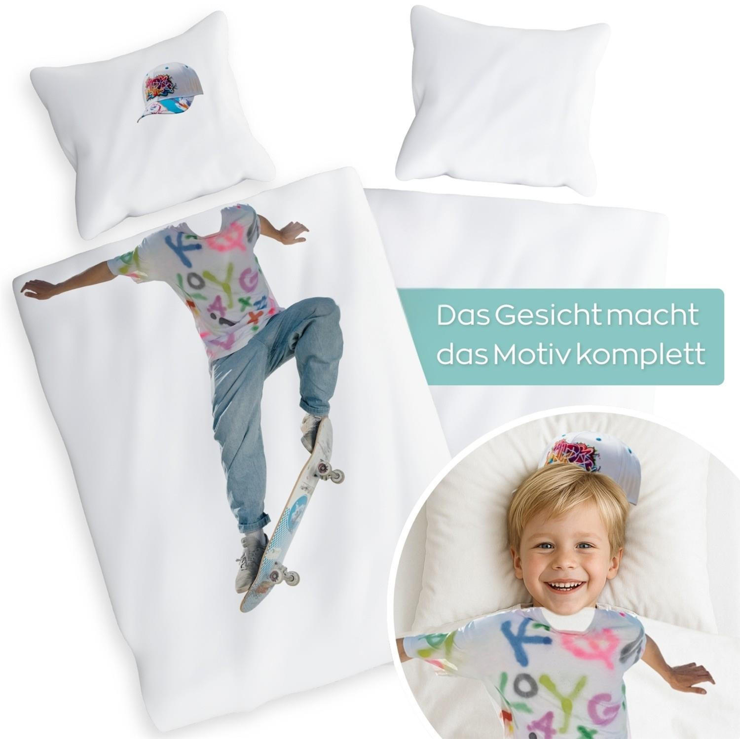 KINDERBETTWÄSCHE 135x200 Skater aus 100% Baumwolle - Dein Gesicht vervollständigt das Design der Kinder Bettwäsche - Weiß, Textil (135/200cm) - Carpe Sonno