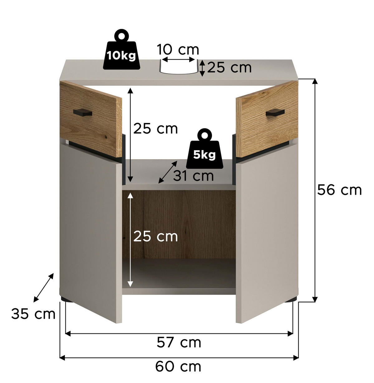 WASCHBECKENUNTERSCHRANK Aqua Kaschmir 60/35/56 cm - Beige, Holzwerkstoff (60/56/35cm) - Xonox
