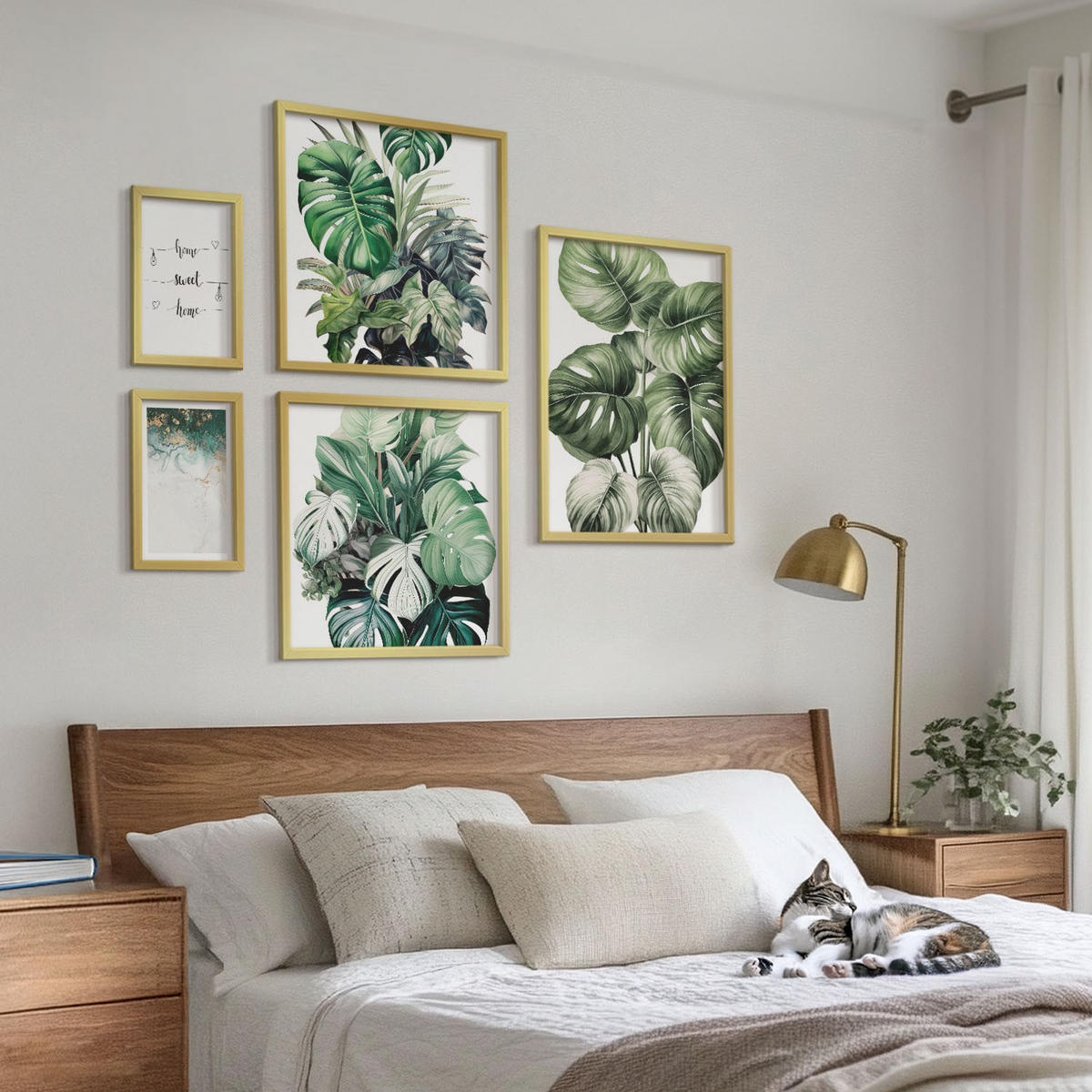 WANDBILDER 5er Set - 50x50 cm & 20x30 cm & 40x60 cm Goldrahmen - Aquarell-Monstera-Blätter - Goldfarben, Kunststoff (40/60cm) - ArtPrintCave