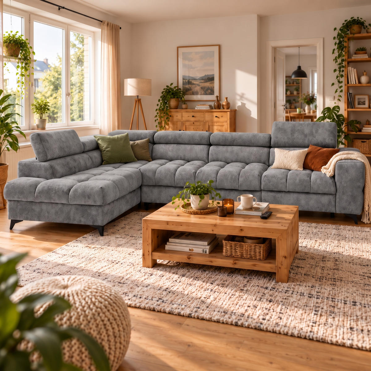 ECKSOFA PUDDING MAXI L Links mit Schlaffunktion 125x195 Velours Grau - Schwarz/Grau, Holz/Textil (350/203cm) - Muffo