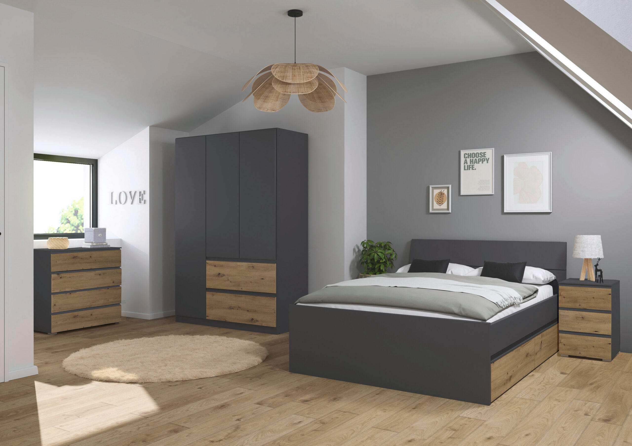 JUGENDZIMMER Joel in Grau Metallic und Artisan Eiche 4 teilig – mit 3türigem Kleiderschrank ohne Spiegel, 140er Jugendbett, Nachttisch und Kommode - Grau, Holzwerkstoff (80/200/120cm)