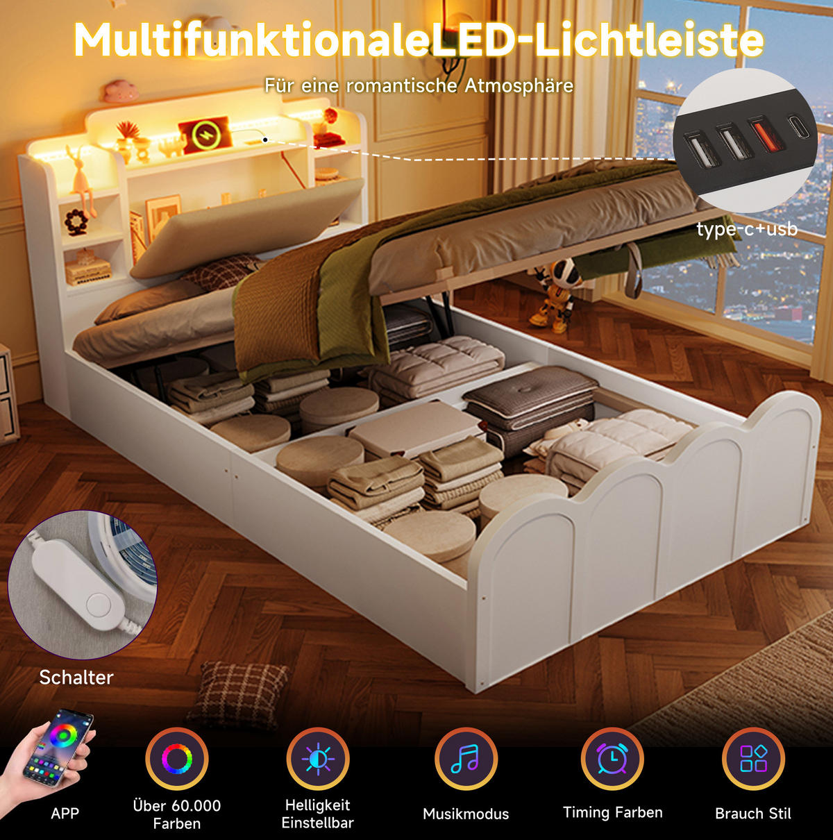 KINDERBETT 90/200 cm in Weiß mit Stauraum, LED und USB-C - Weiß, Holz (90/200cm) - BEAOK
