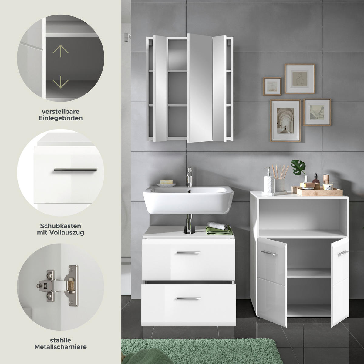 BADKOMBINATION Ice 135x185x30 cm weiß Hochglanz MDF 3tlg. - Weiß, Holz (135/185/30cm)