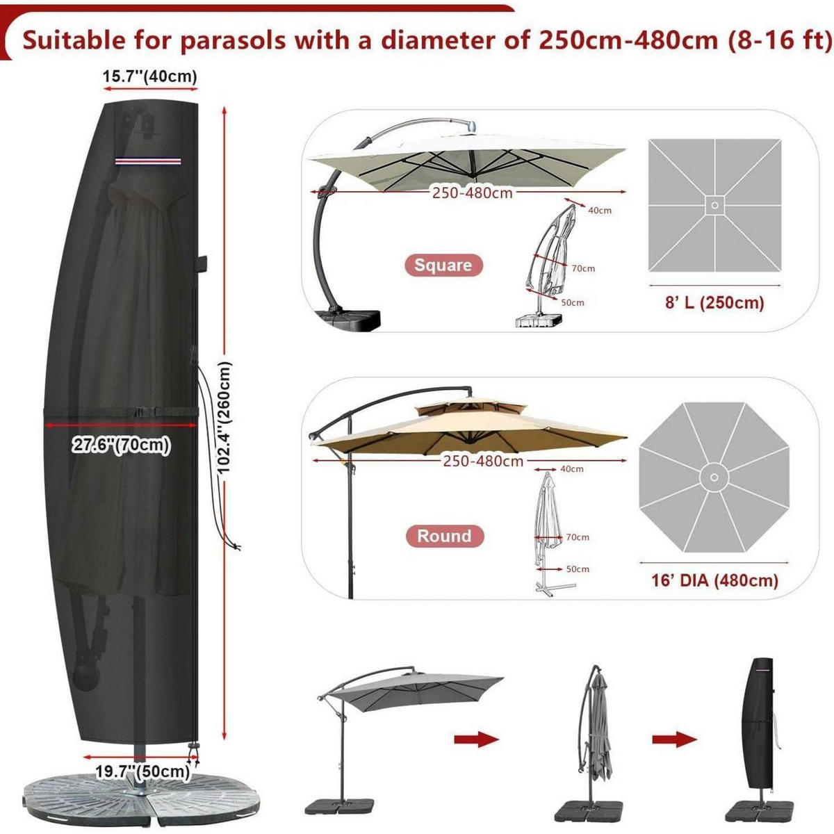SCHUTZHÜLLE für Ampelschirm 260 x 40/70/50 cm 420D Oxford mit Stab - Schwarz, Kunststoff (1/1/1cm)