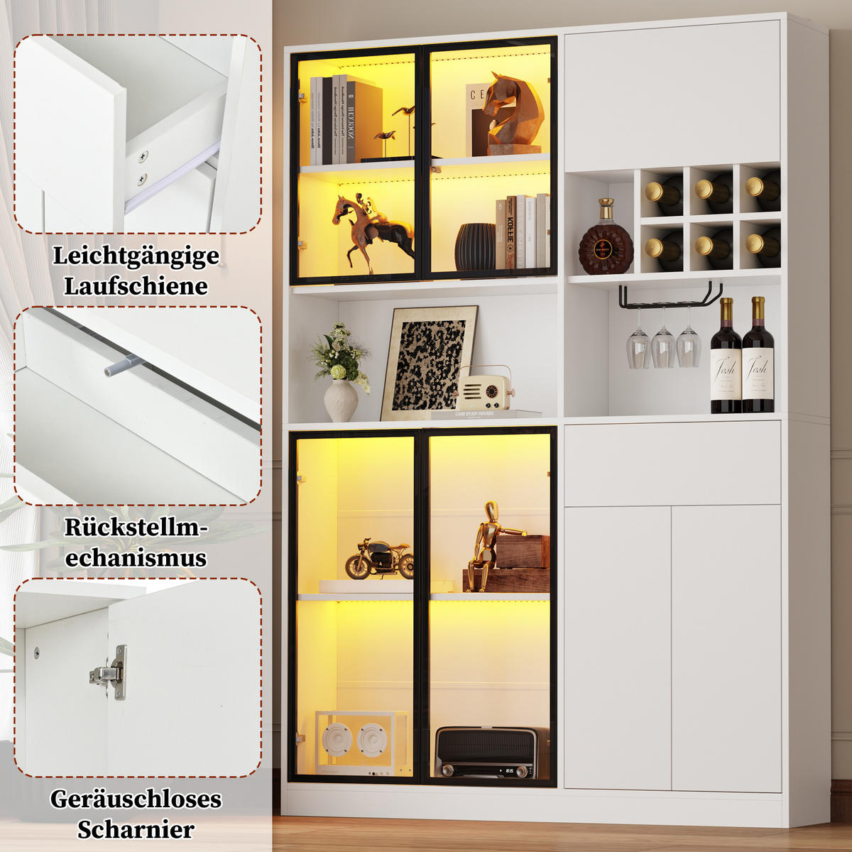 VITRINE 140x30x200 cm Weiß LED 7 Türen Weinregal - Weiß, Holzwerkstoff (140/200/30cm) - FLIEKS