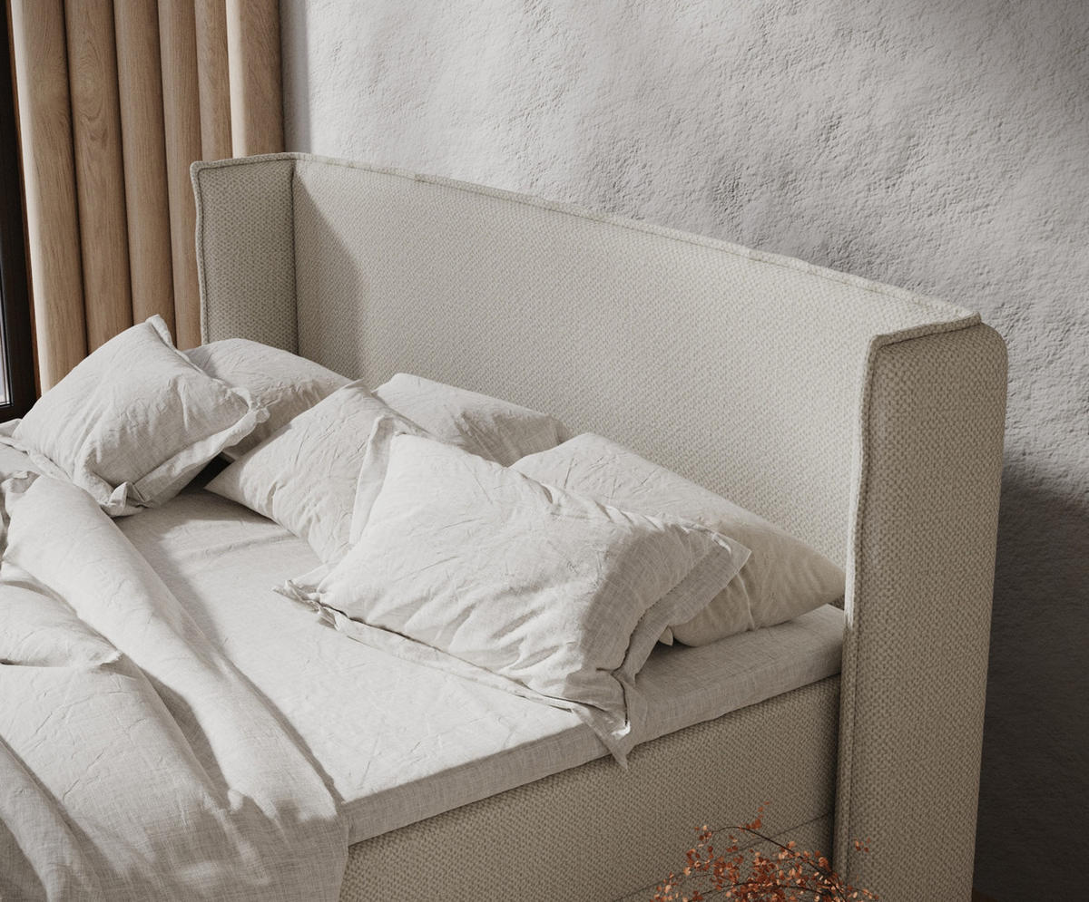 BOXBETT Monpelli Beige 140/200 cm mit Matratze und Topper - Beige/Schwarz, Holz/Holzwerkstoff (140/200cm) - Maison de Reve