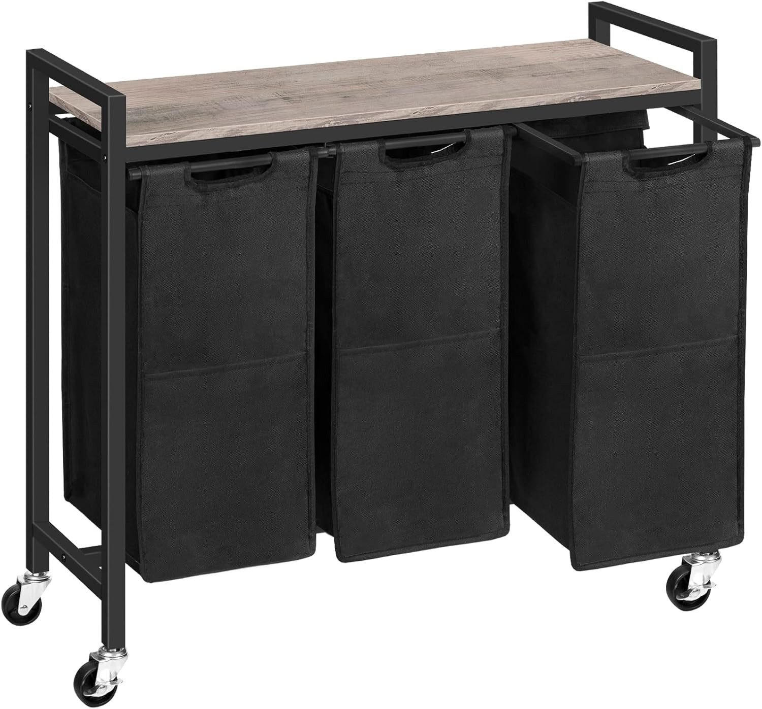 WÄSCHESAMMLER Braun 3 Fächer mit Ablage - Greige/Schwarz, Holzwerkstoff (33/75/84cm) - Hoobro