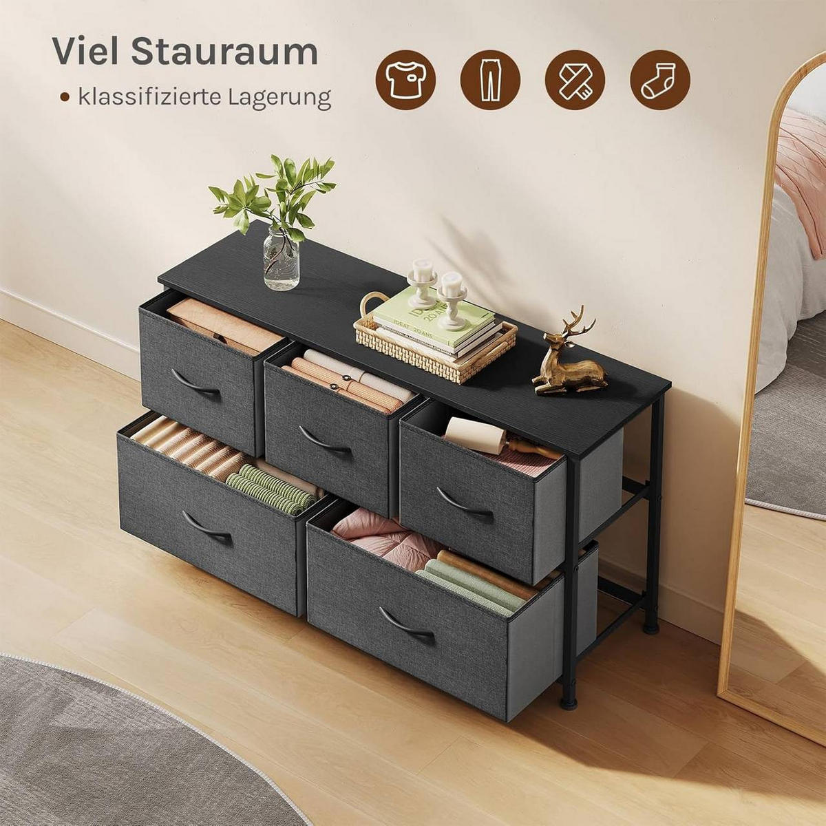 KOMMODENSCHRANK mit 5 Schubladen aus Holzwerkstoff ,Metallrahmen,Schwarz + Dunkelgrau - Dunkelgrau/Schwarz, Holzwerkstoff/Metall (100/54/30cm) - Woltu