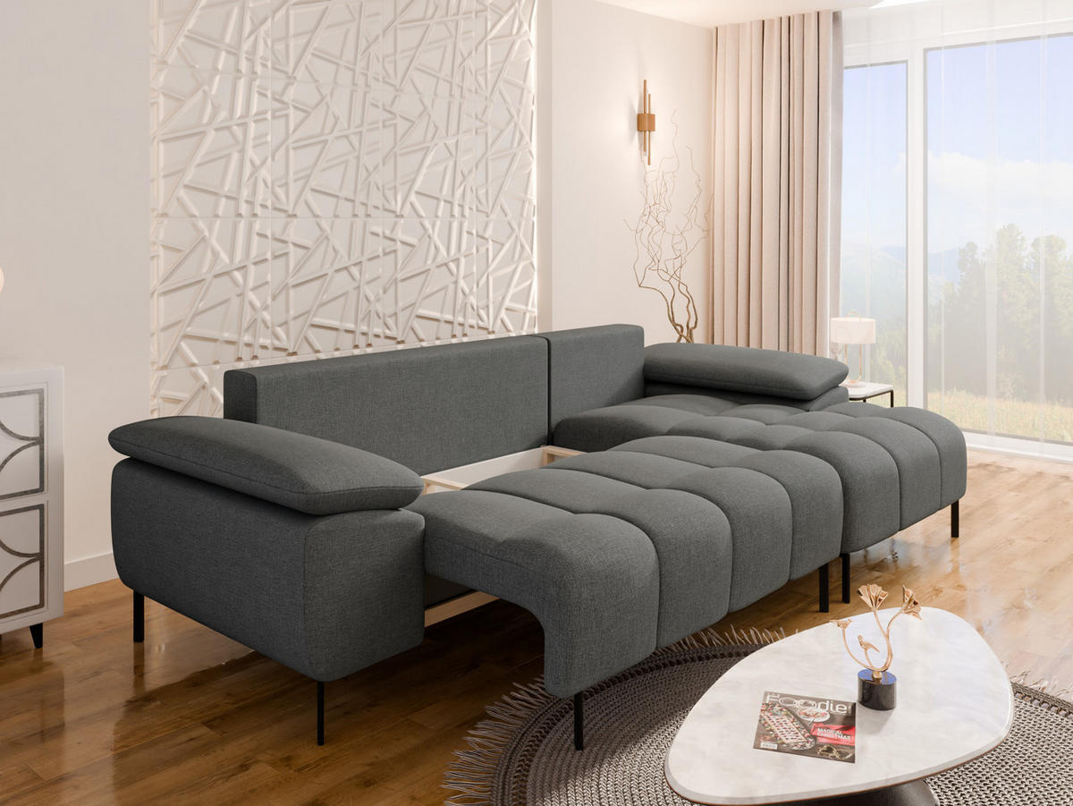ECKSCHLAFSOFA 4-Sitzer DOLUS – Modernes Ecksofa mit Schlaffunktion Rechts montierbar, Graphitfarben - Graphitfarben, Holz (141/277cm) - Panda Möbel
