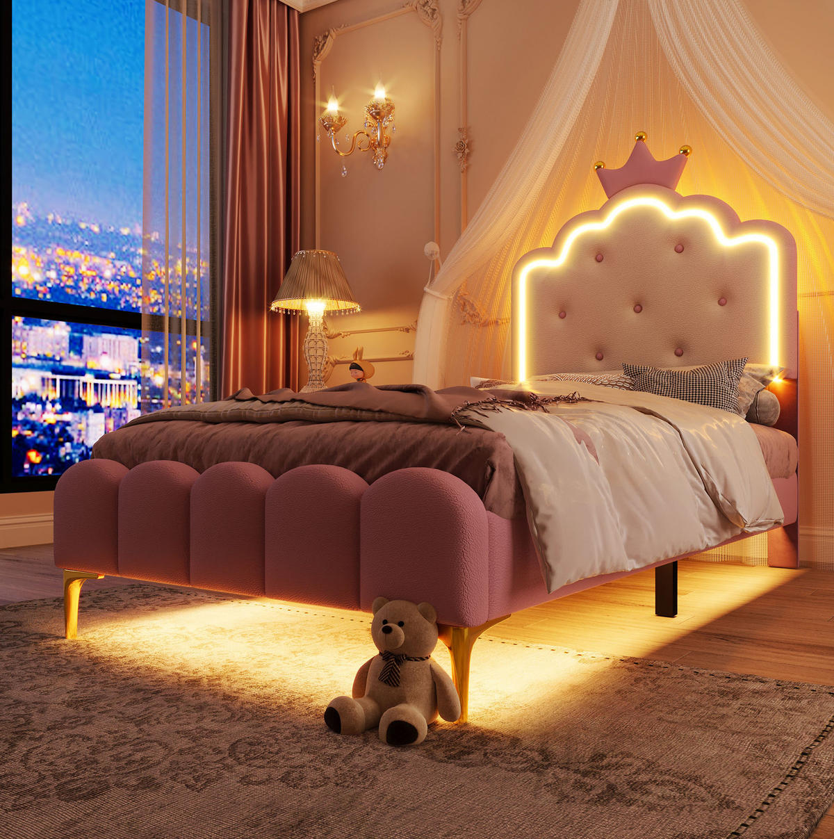 POLSTERBETT 90/200 cm Rosa mit Lattenrost und Ambiente-Licht - Rosa, Kunststoff (90/200cm) - OKWISH