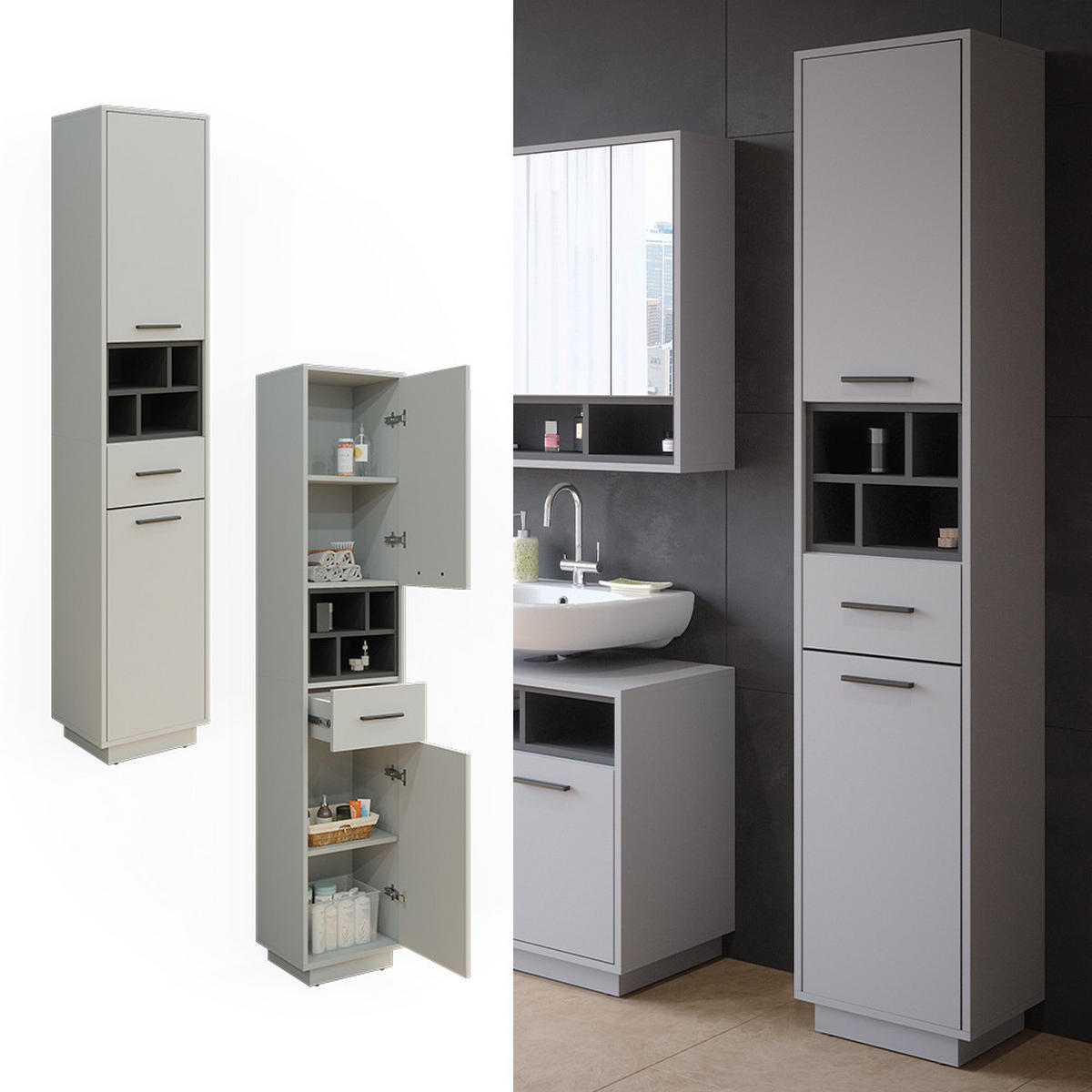 BADSCHRANK Beatrice Grau/Anthrazit 38 x 190 cm mit Türen, Schubladen und Fächern - Grau, Holzwerkstoff (38/190/30cm) - Vicco