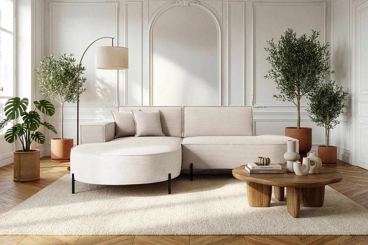 ECKSOFA Hana Loft 3-Sitzer Ecke Links, Cordstoff Chenille, Creme 241/80/168 cm - Creme/Schwarz, Textil/Metall (241/168cm) - WFL GROUP