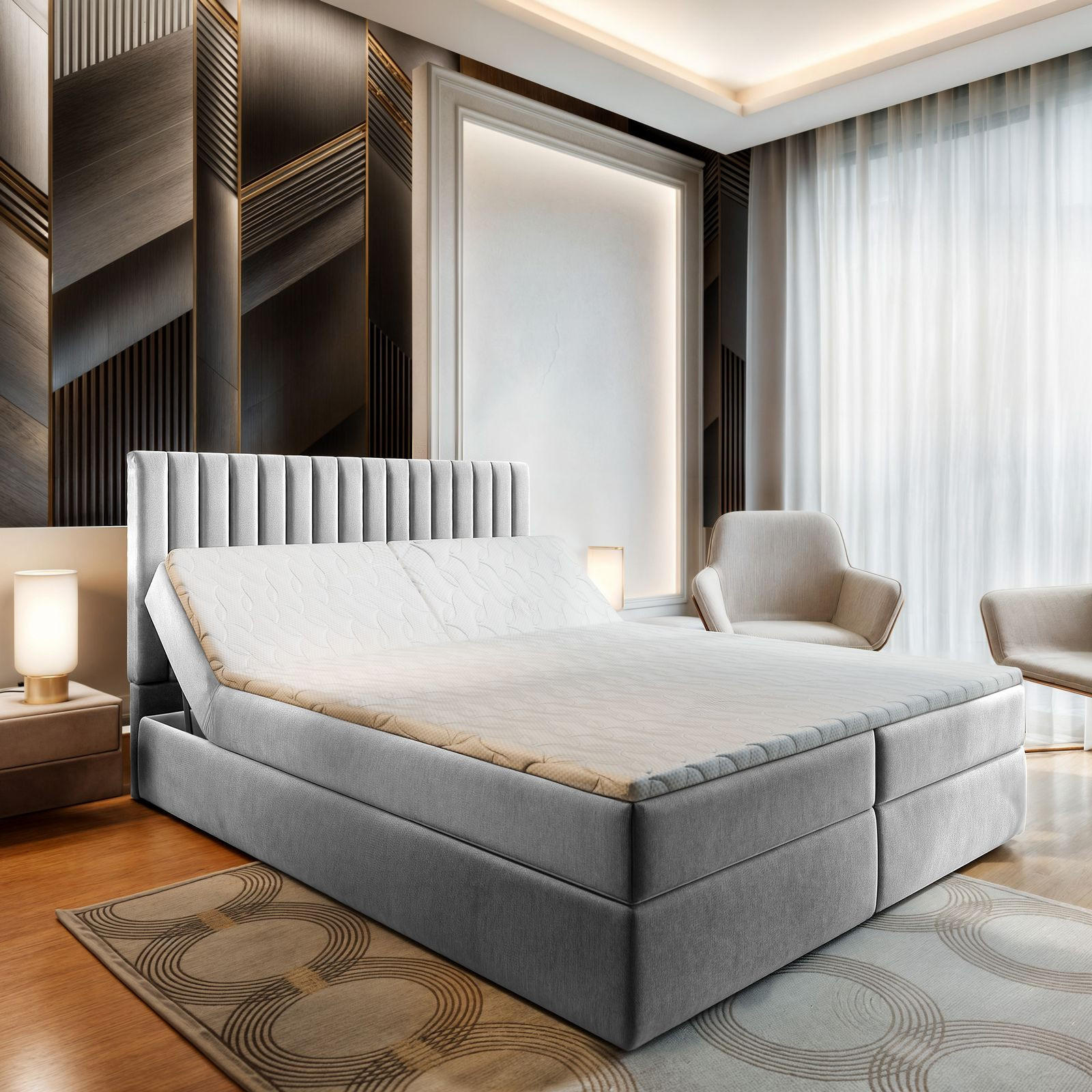 BOXBETT MURLO 180x200 cm mit Matratze und Topper - Hellgrau - Hellgrau, Holz (180/200cm) - MASSENO