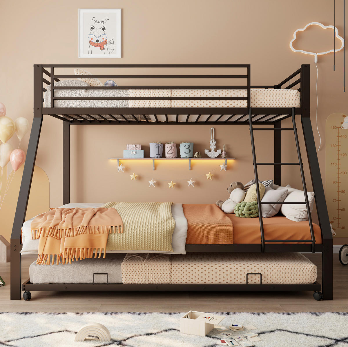 ETAGENBETT 90x200 und 140x200 cm in Schwarz mit Ausziehbett und Schrägleiter - Schwarz, Metall (140/200cm) - IVMEU
