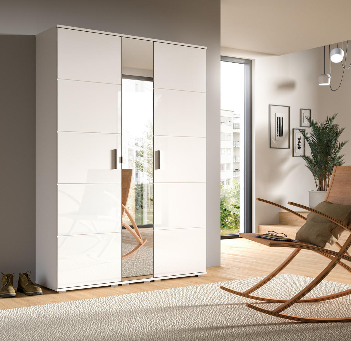 GARDEROBE Set weiß Hochglanz 3-teilig 140 cm, Kombination mit 12 Fächern - Weiß Hochglanz/Silberfarben, Glas/Holzwerkstoff (140/191/37cm) - Inn.Furn