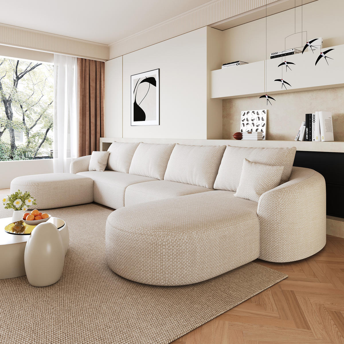 WOHNLANDSCHAFT DE-34817 U-Form 3-Sitzer Chaiselongue rechts Weiß - Weiß, Textil (168/85/336cm) - ComfortXL