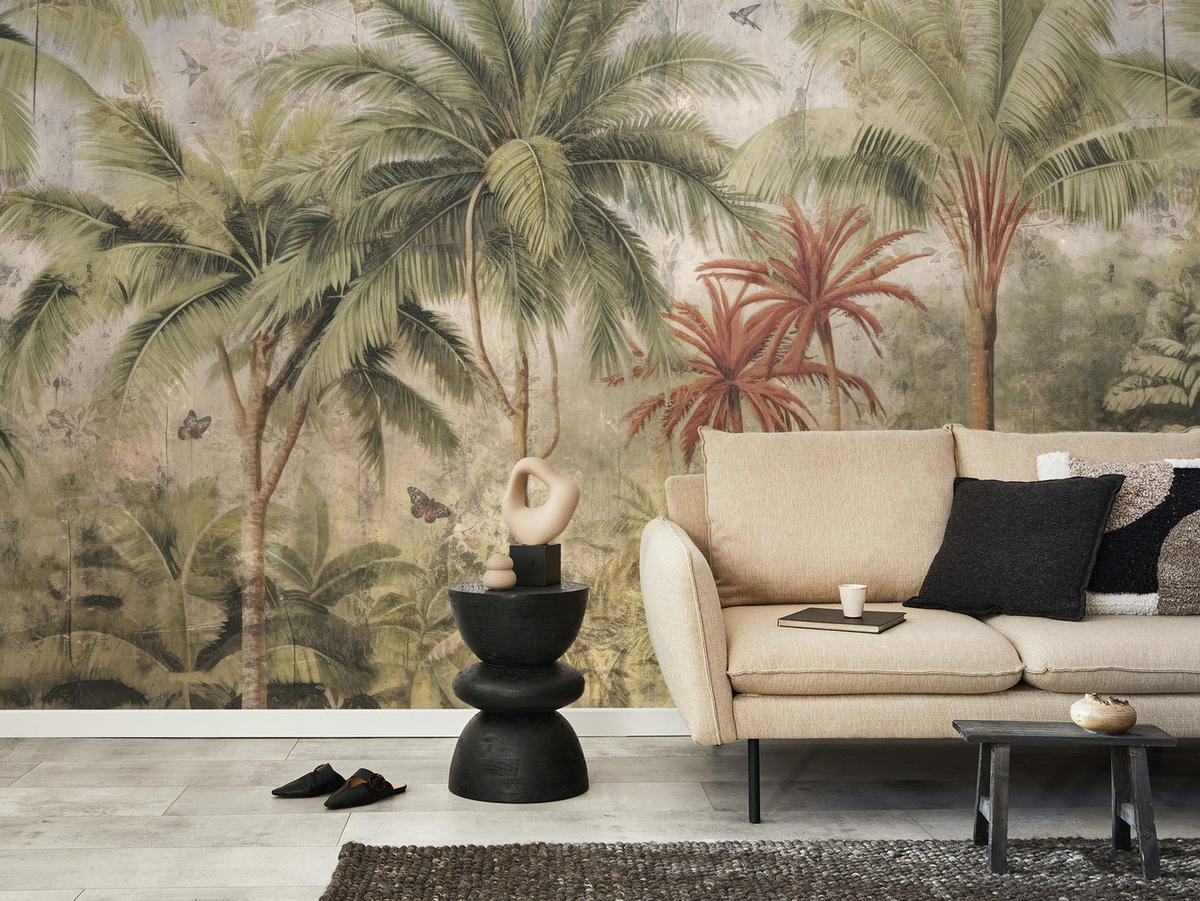 FOTOTAPETE Dschungel Tropische Pflanzen Beton Vintage 300x210 - Beige/Orange, Papier (300/210cm) - Muralo