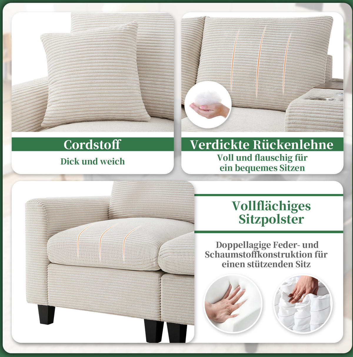 ECKSOFA L-Form Cord mit Konsole und USB-Anschluss inklusive Hocker 229/149,5/83 cm Beige - Beige, Kunststoff/Textil (83/149.5cm) - Redom