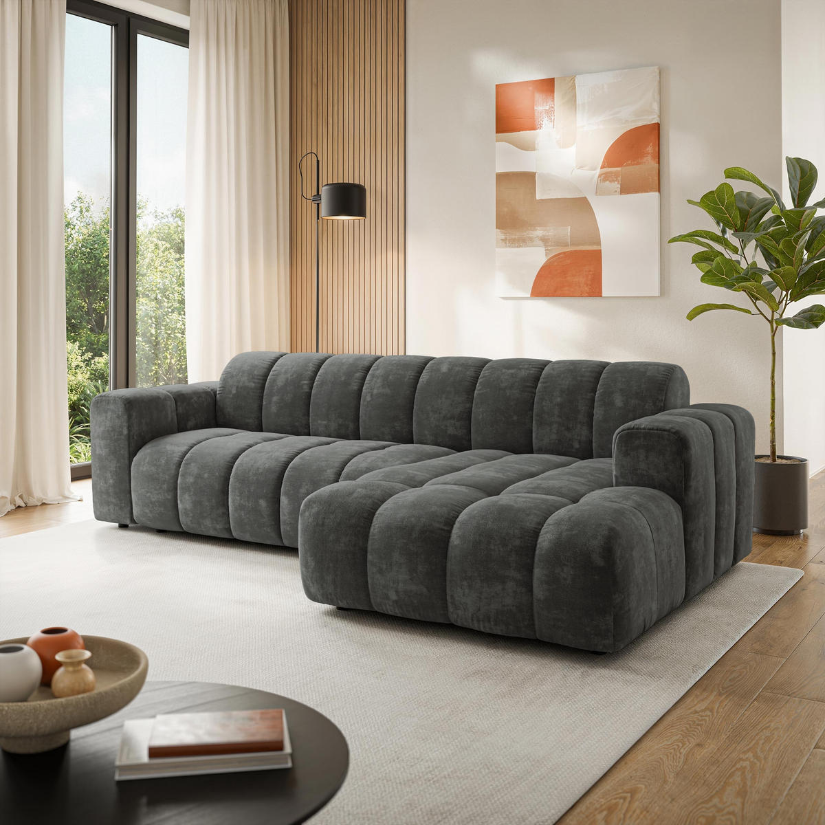 ROHOVÁ Sedačka SETIA LUMO 75, Šedá - šedá/černá, dřevo/textil (304/165cm) - MASSENO