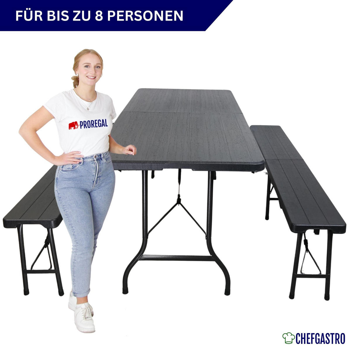 BIERZELTGARNITUR klappbar 180cm 3-teilig 1x Buffettisch 2x Bierbänke Holz Optik Kunststoff - Schwarz, Kunststoff - CHEFGASTRO