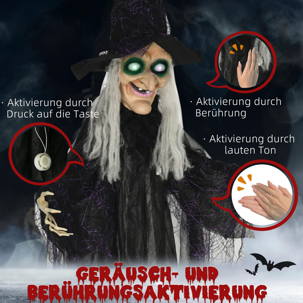 HALLOWEEN HORROR-CLOWN, Schwarz, Polyester, PE, Stahl - Schwarz, Kunststoff (18/183/130cm) - HOMCOM