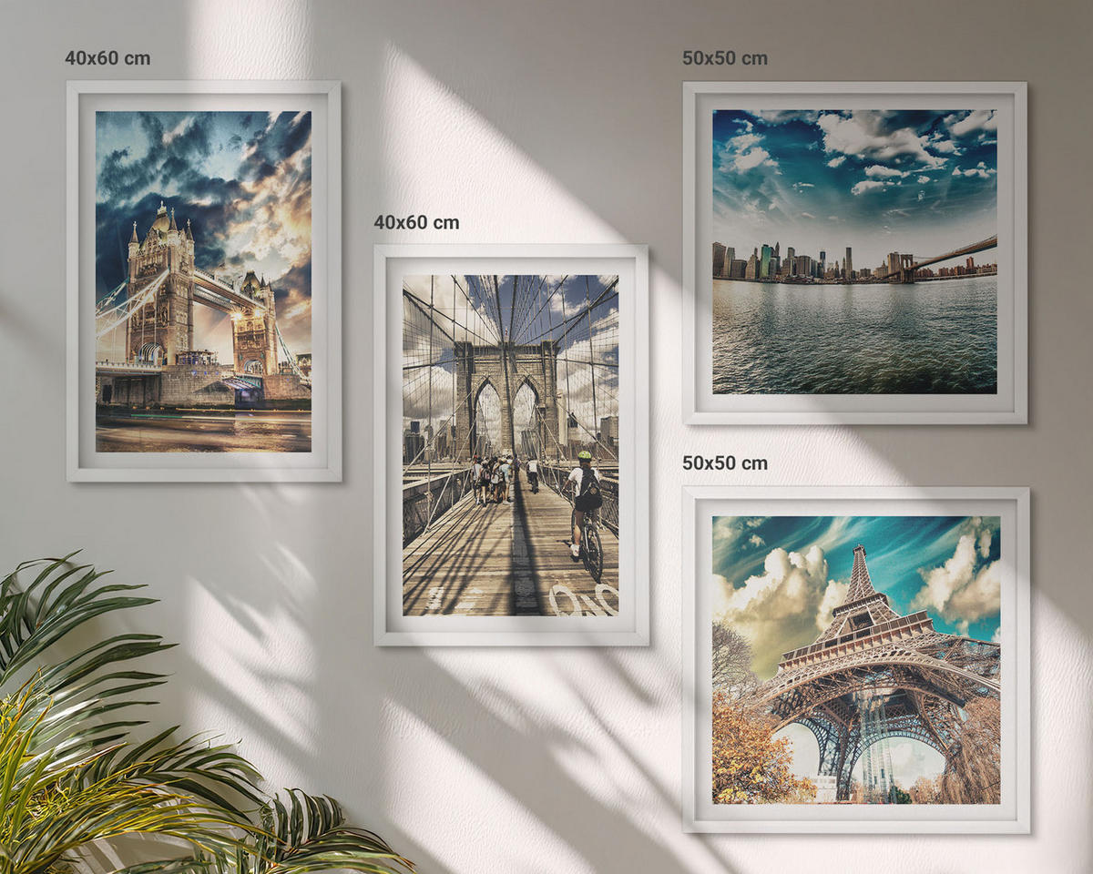 WANDBILDER 4er-Set - 50x50 cm & 40x60 cm Weißer Rahmen - Turmbrücken in europäischen Städten - Weiß, Kunststoff (50/50cm) - ArtPrintCave