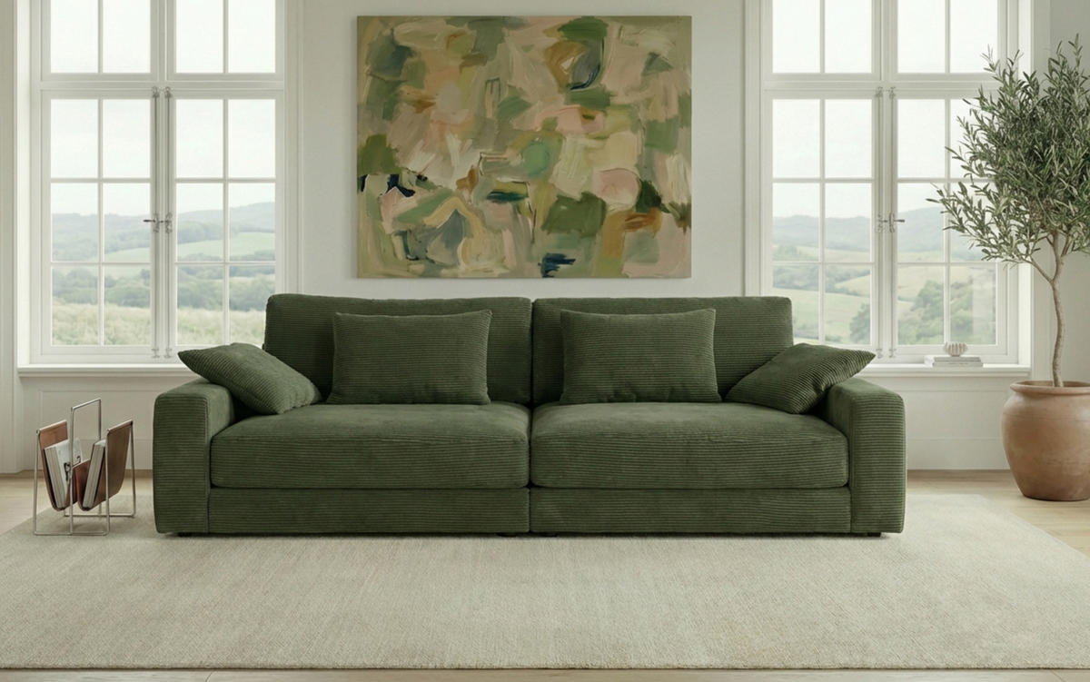 BIG-SOFA mit Federkern B290/T135/H90 cm extratief, Liegefläche 122x240 cm, Cord Grün / 15250 - Schwarz/Grün, Kunststoff/Textil (290/90/135cm) - luma-home