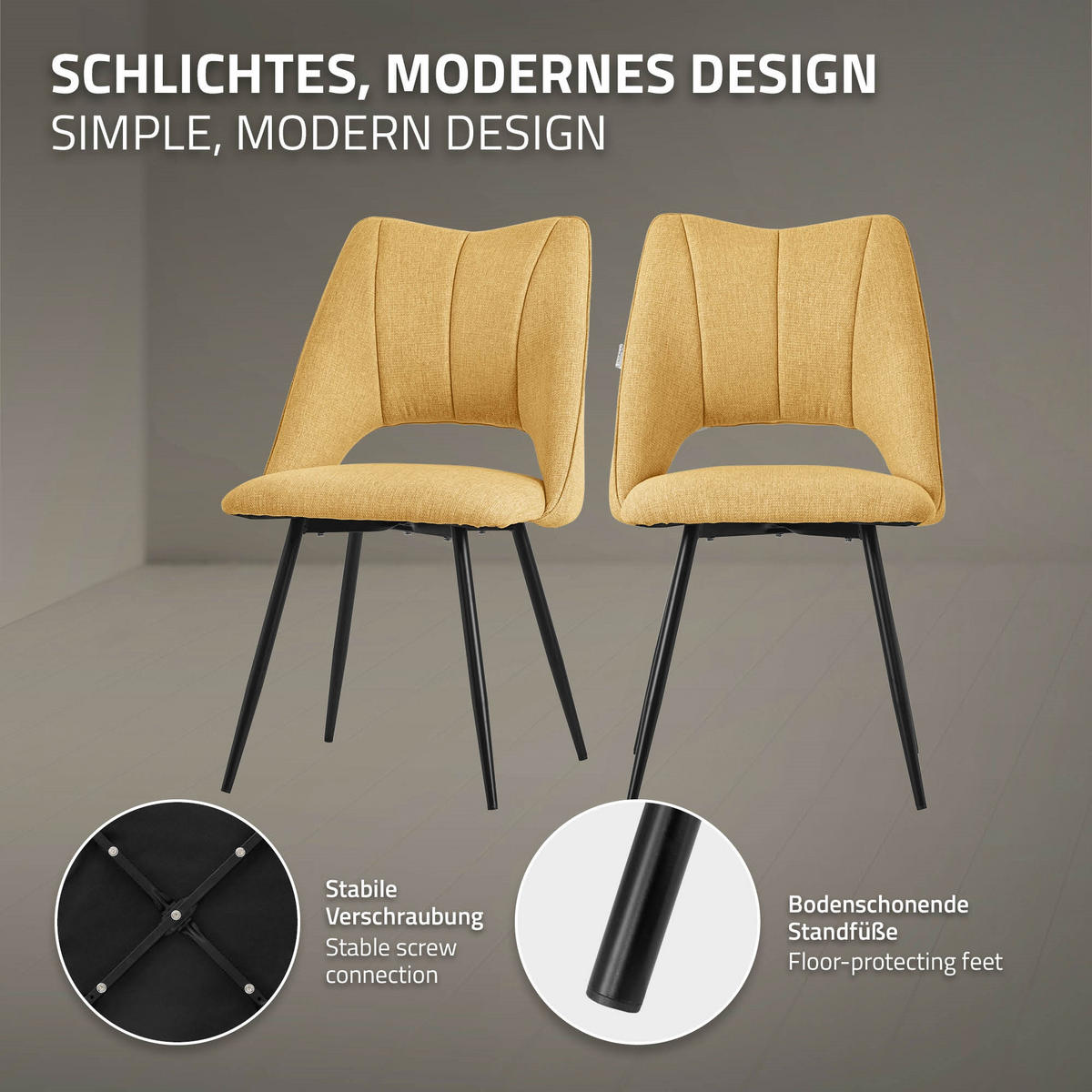 ESSZIMMERSTUHL Senf 2er Set - Gelb/Schwarz, Textil/Metall (57/89/53cm) - ML-DESIGN
